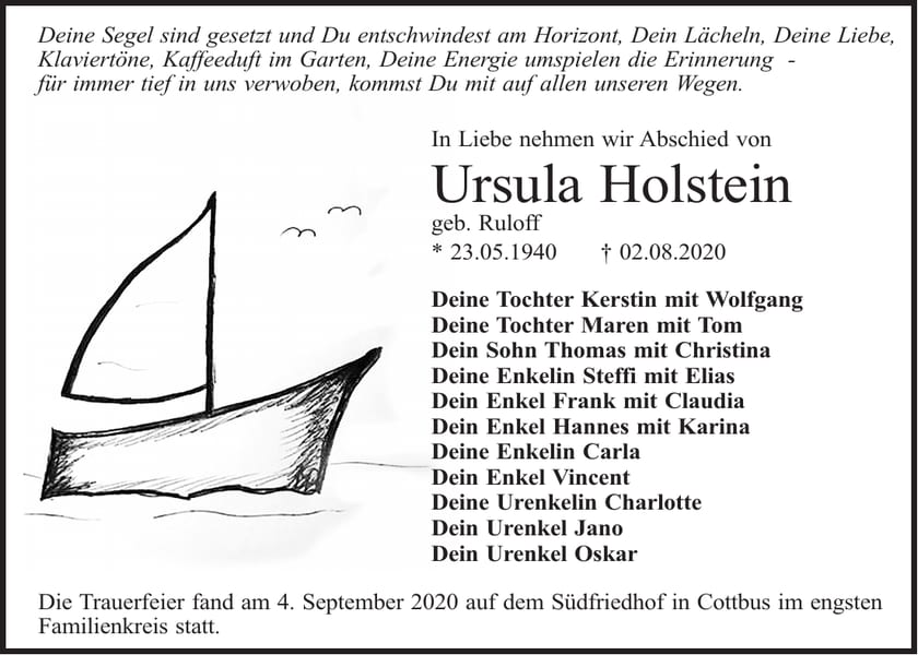 Traueranzeige Ursula Holstein, geb. Ruloff