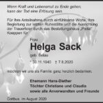Danksagung Helga Sack, geb. Belau