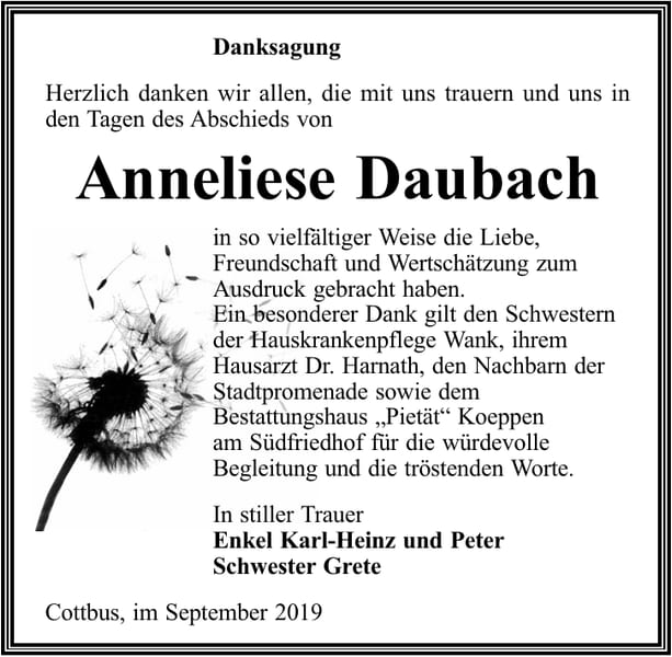 Danksagung Anneliese Daubach