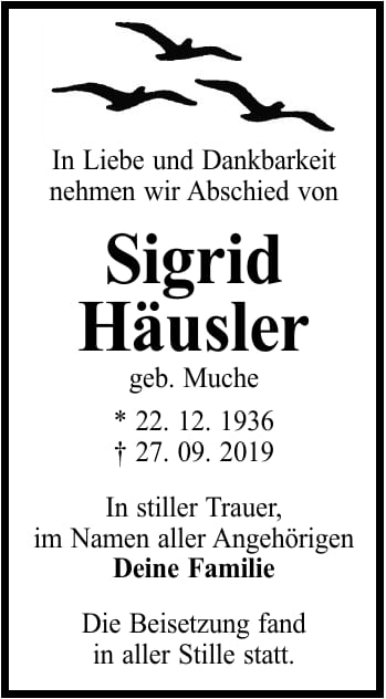 Traueranzeige Sigrid Häusler, geb. Muche