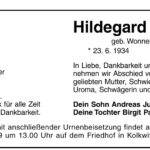 Traueranzeige Hildegard Jurisch, geb. Wonneberger