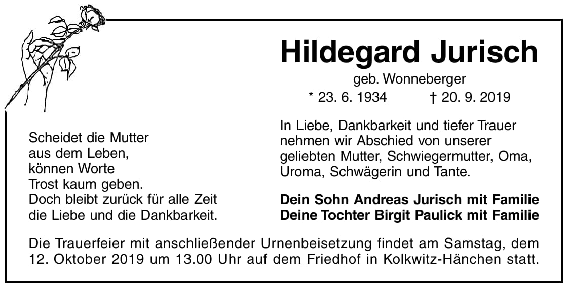 Traueranzeige Hildegard Jurisch, geb. Wonneberger