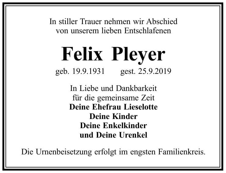 Traueranzeige Felix Pleyer