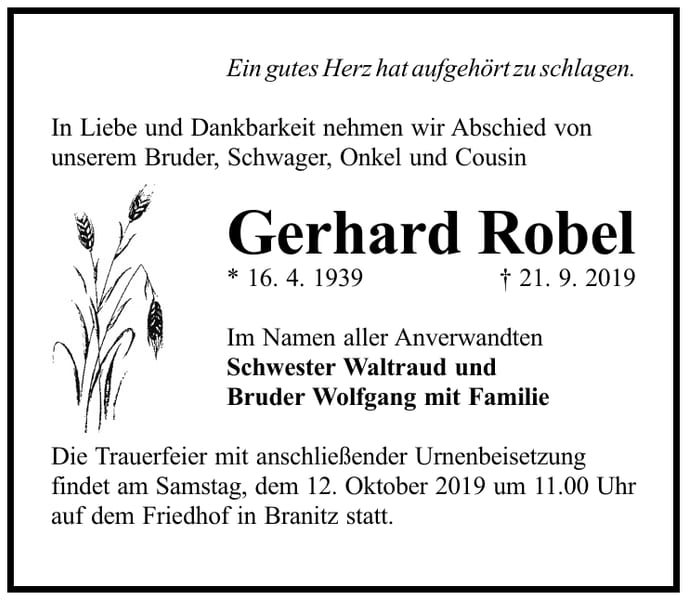 Traueranzeige Gerhard Robel