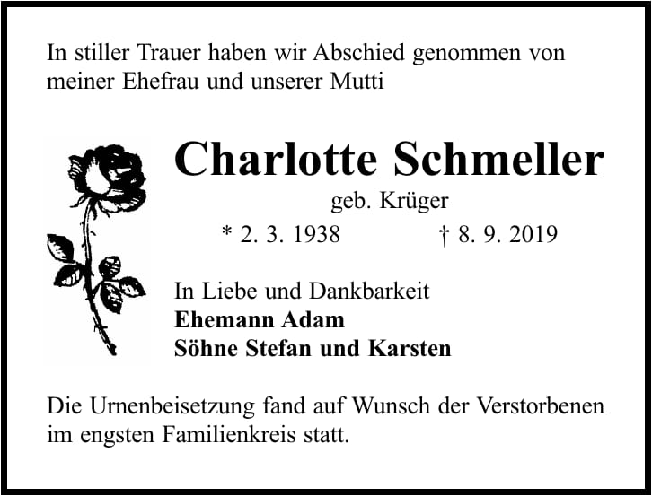 Traueranzeige Charlotte Schmeller, geb. Krüger
