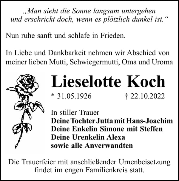 Traueranzeige Lieselotte Koch