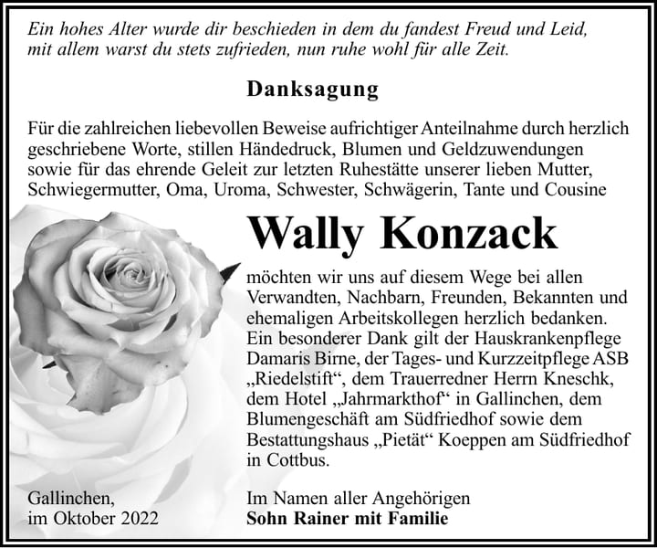 Danksagung Wally Konzack