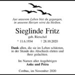 Traueranzeige Sieglinde Fritz, geb. Rietschel