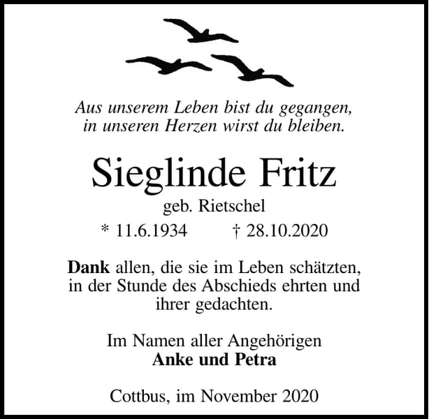 Traueranzeige Sieglinde Fritz, geb. Rietschel