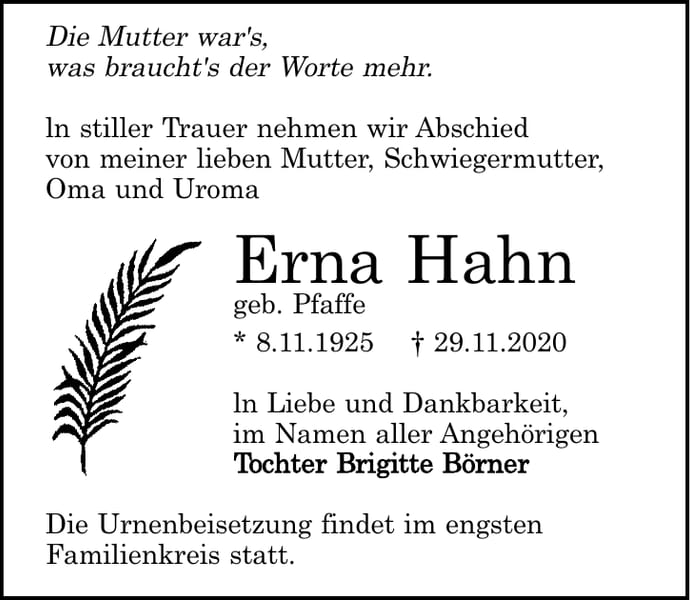 Traueranzeige Erna Hahn, geb. Pfaffe