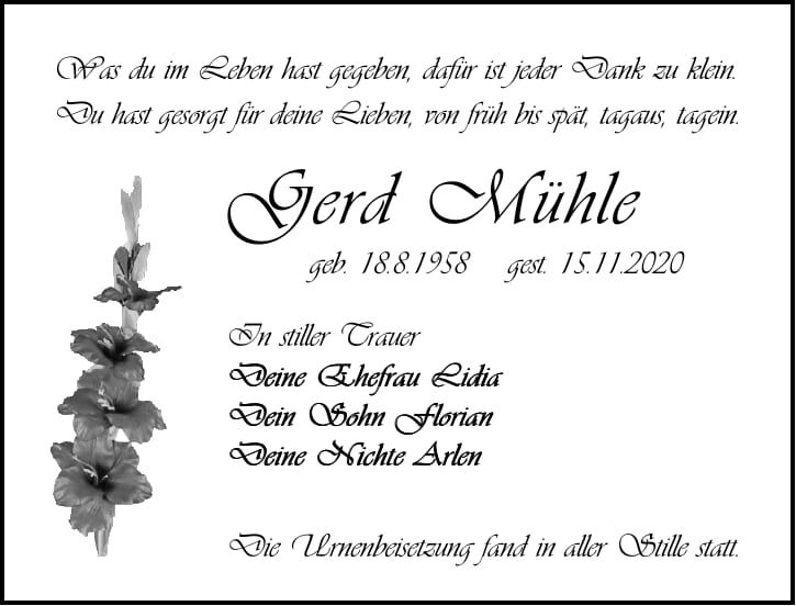 Traueranzeige Gerd Mühle
