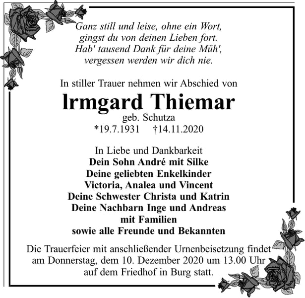 Traueranzeige Irmgard Thiemar, geb. Schutza