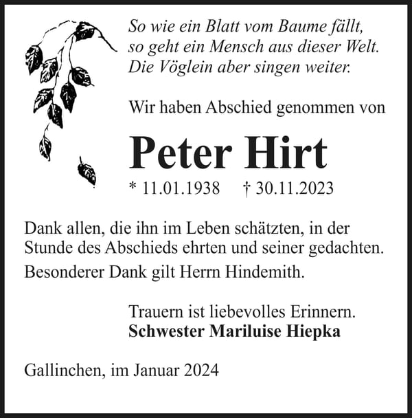 Traueranzeige Peter Hirt