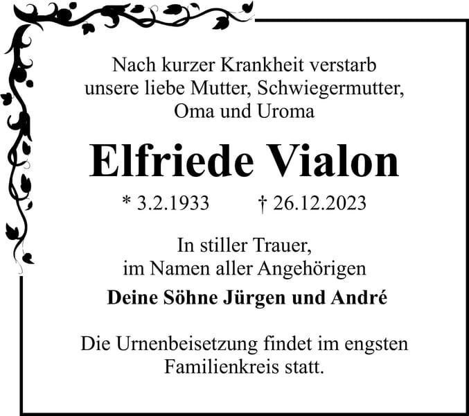 Traueranzeige Elfriede Vialon