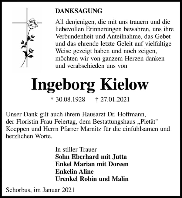 Traueranzeige Ingeborg Kielow