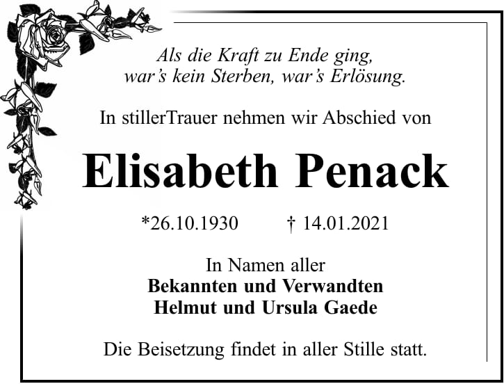 Traueranzeige Elisabeth Penack