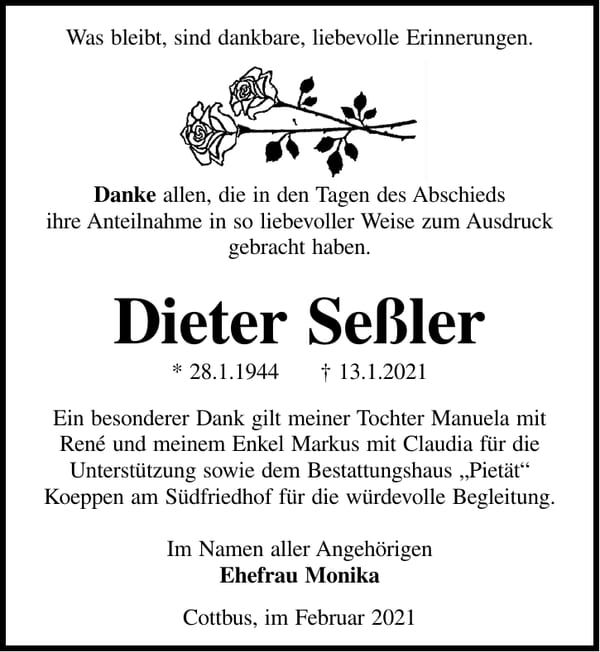 Traueranzeige Dieter Seßler