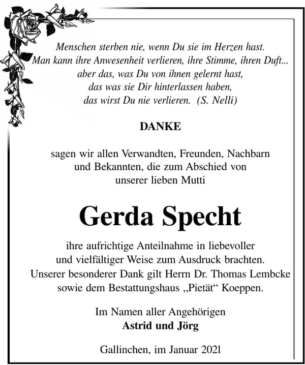 Danksagung Gerda Specht