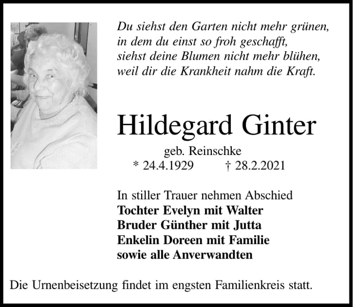 Traueranzeige Hildegard Ginter, geb. Reinschke