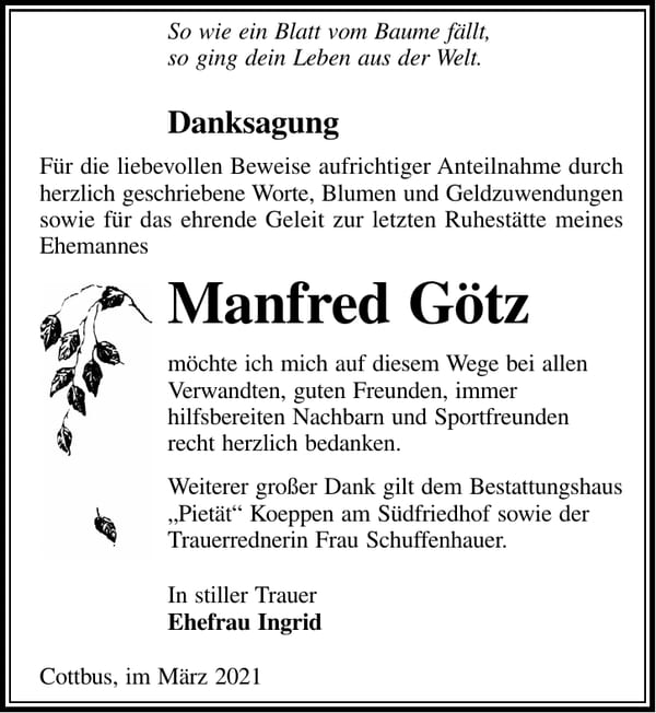 Danksagung Manfred Götz