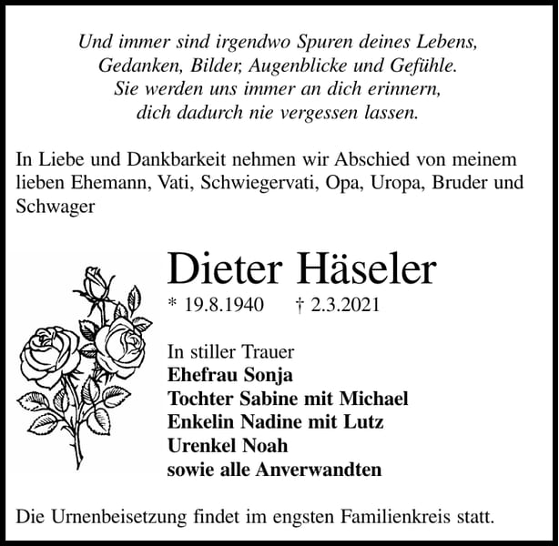 Traueranzeige Dieter Häseler