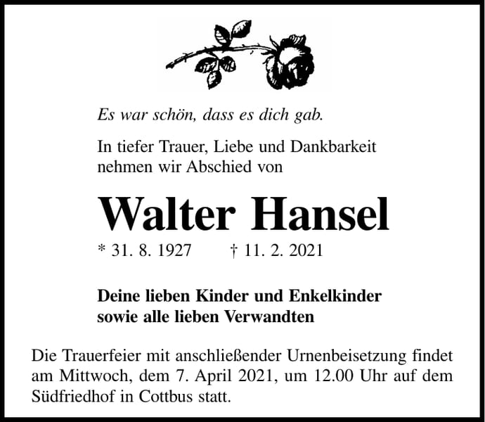 Traueranzeige Walter Hansel