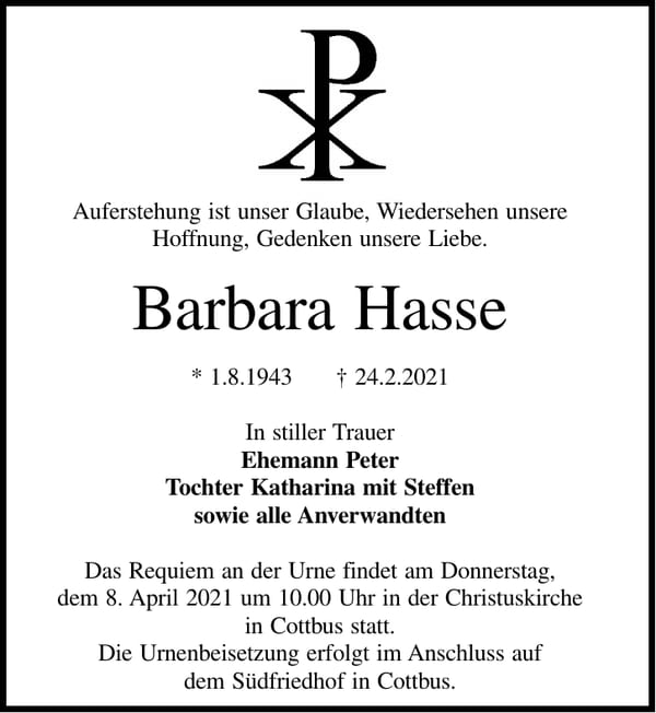 Traueranzeige Barbara Hasse
