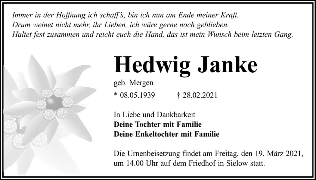 Traueranzeige Hedwig Janke, geb. Mergen