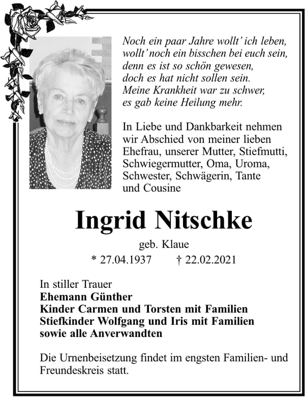 Traueranzeige Ingrid Nitschke, geb. Klaue