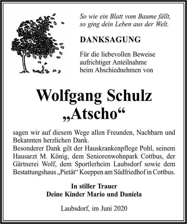 Danksagung Wolfgang Schulz