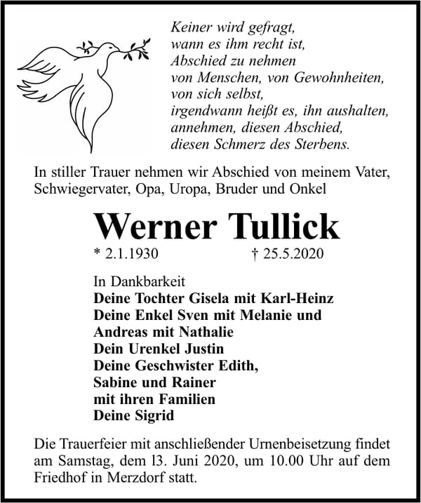 Traueranzeige Werner Tullick