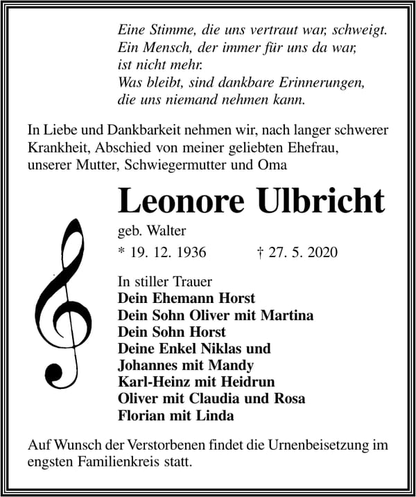 Traueranzeige Leonore Ulbricht, geb. Walter