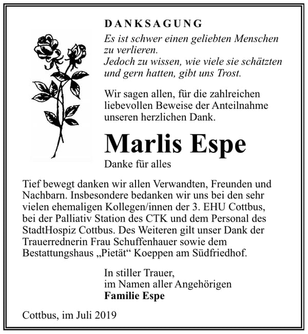 Traueranzeige Marlis Espe