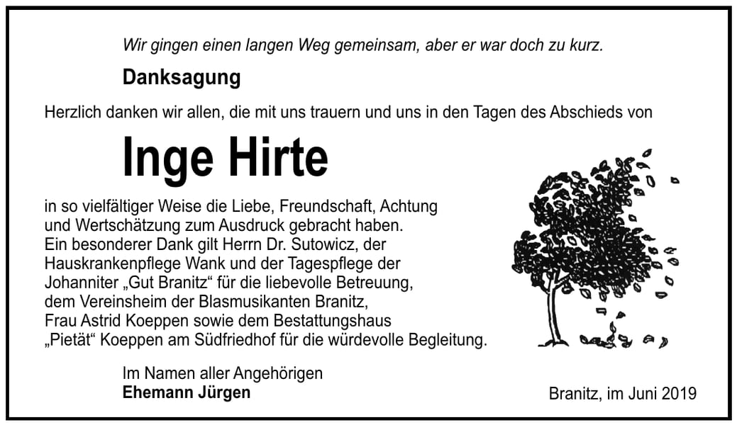 Traueranzeige Inge Hirte