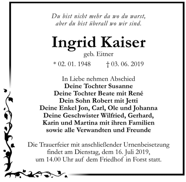 Traueranzeige Ingrid Kaiser, geb. Eitner