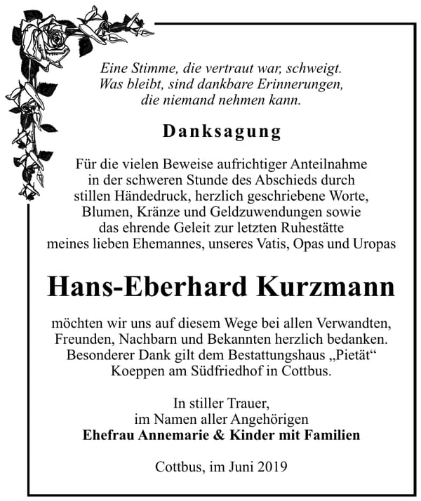Traueranzeige Hans-Eberhard Kurzmann
