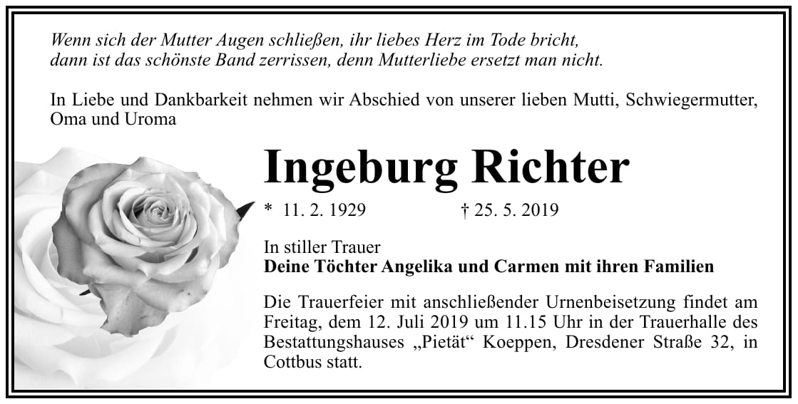 Traueranzeige Ingeburg Richter