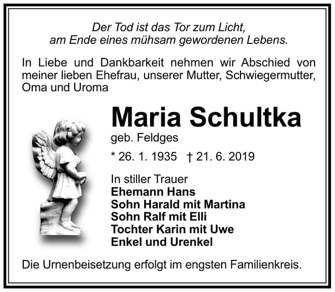 Traueranzeige Maria Schultka, geb. Feldges