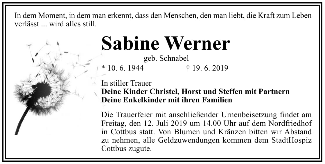Traueranzeige Sabine Werner, geb. Schnabel