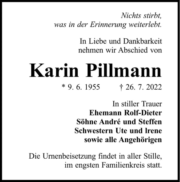 Traueranzeige Karin Pillmann