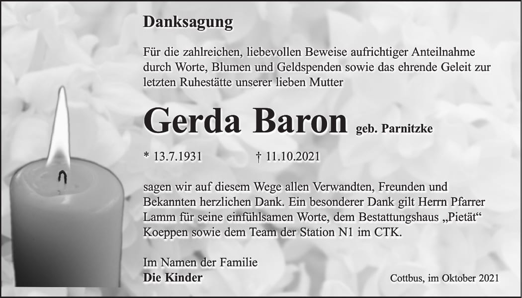 Danksagung Gerda Baron, geb. Parnitzke