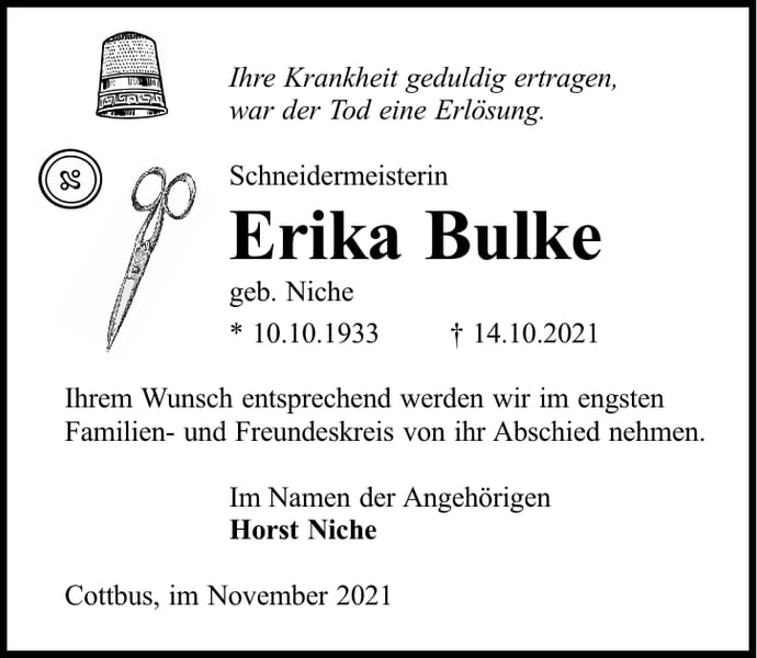 Traueranzeige Erika Bulke, geb. Niche
