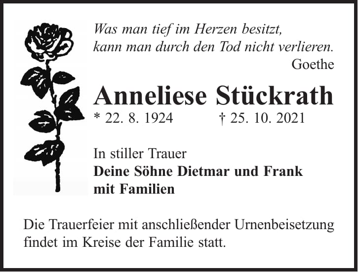 Traueranzeige Anneliese Stückrath