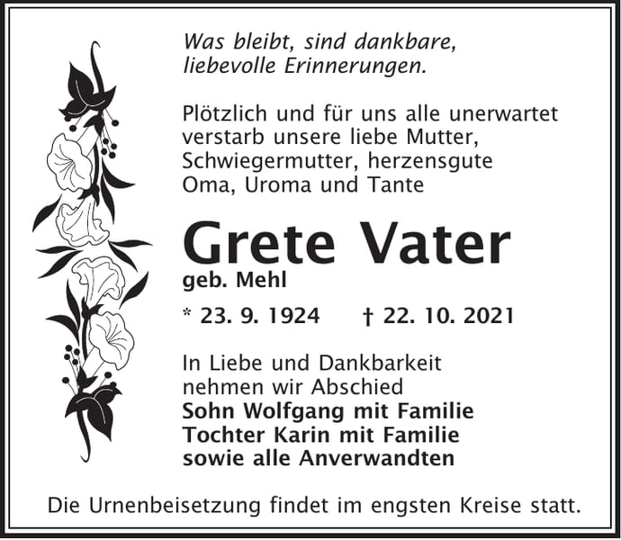 Traueranzeige Grete Vater, geb. Mehl