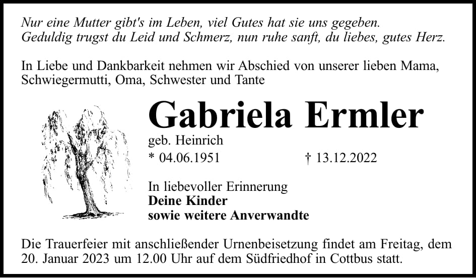 Traueranzeige Gabriela Ermler, geb. Heinrich