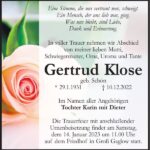 Traueranzeige Gertrud Klose, geb. Schön