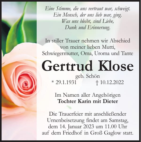 Traueranzeige Gertrud Klose, geb. Schön