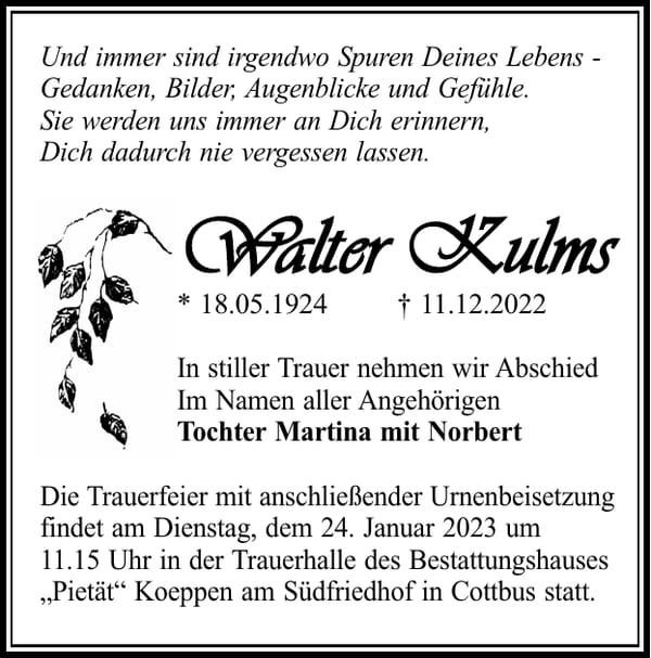 Traueranzeige Walter Kulms