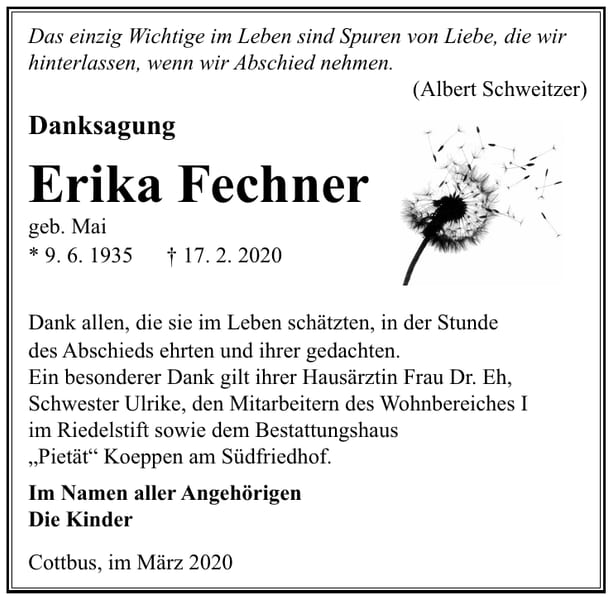 Danksagung Erika Fechner, geb. Mai