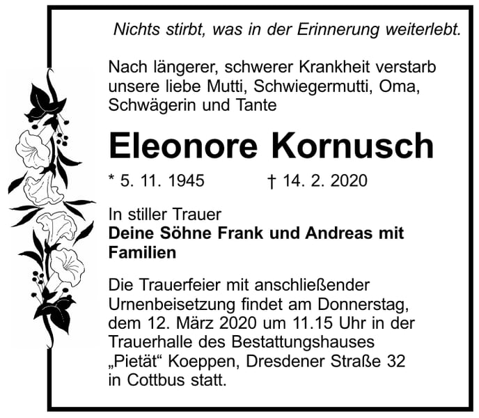 Traueranzeige Eleonore Kornusch
